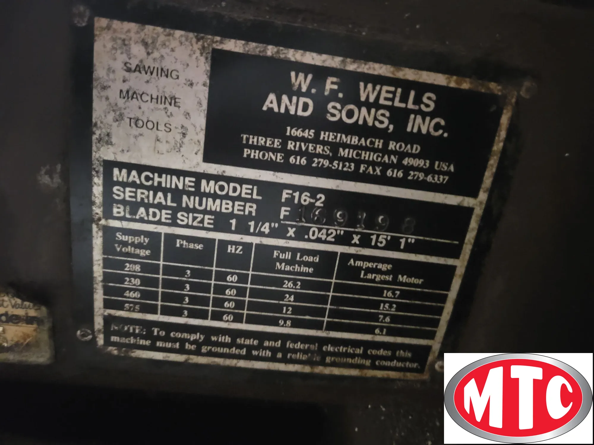 Used 1998 W.F.WELLS F 16-2 | Horizontal Band Saws (Semi-Automatic)