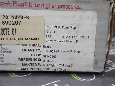Box of 10 Curtis Wright V-919-B Brass CPI / Perma Plugs Pop-A-Plug System New NIB