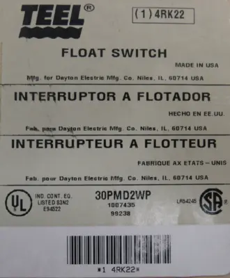 NEW TEEL 4RK22 FLOAT SWITCH
