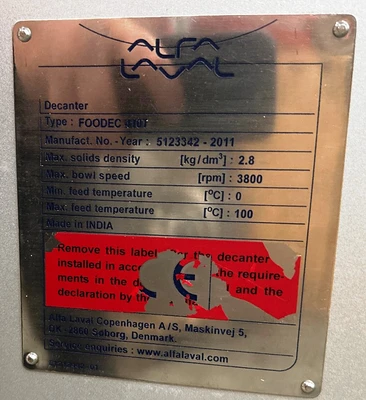Alfa-Laval FOODEC 410T sanitary decanter centrifuge, 316SS.