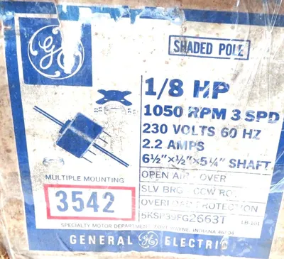 USED GENERAL ELECTRIC 3542 OVERLOAD PROTECTION 5KSP39FG2663BT 1050RPM 3 SPEED