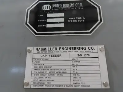 Haumiller Bottle Cap Bowl Feeder with Feed Hopper Elevator Conveyor 480V