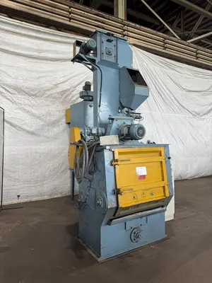 5 CUBIC FOOT TD326 RUBBER BELT TUMBLE BLAST SYSTEM W/ ELEVATOR RECLAIM SYSTEM & DUST COLLECTOR. STOCK # 0670425.