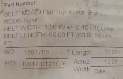 NEW HABASIT M2470 FLAT TOP ACETAL BLUE CONVEYOR CHAIN 10' L x 12"W