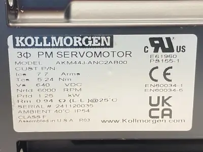 USED KOLLMORGEN SERVO MOTOR 6000RPM 7.7A 640VDC 1.25KW