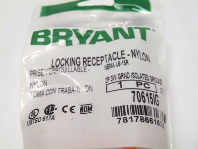 NEW BRYANT LOCKING RECEPTACLE, ISOLATED GROUND L6-15R