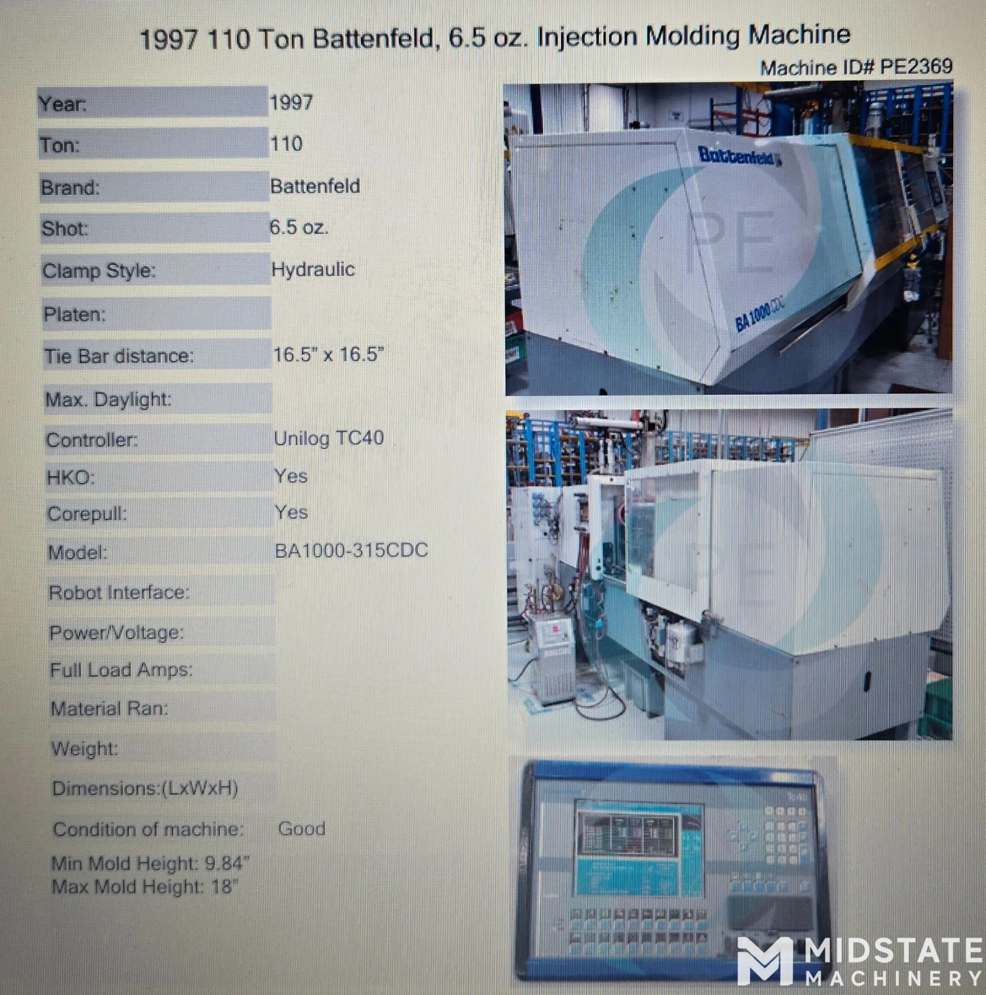 BATTENFELD BA1000/315 CDC Injection Molding Machine