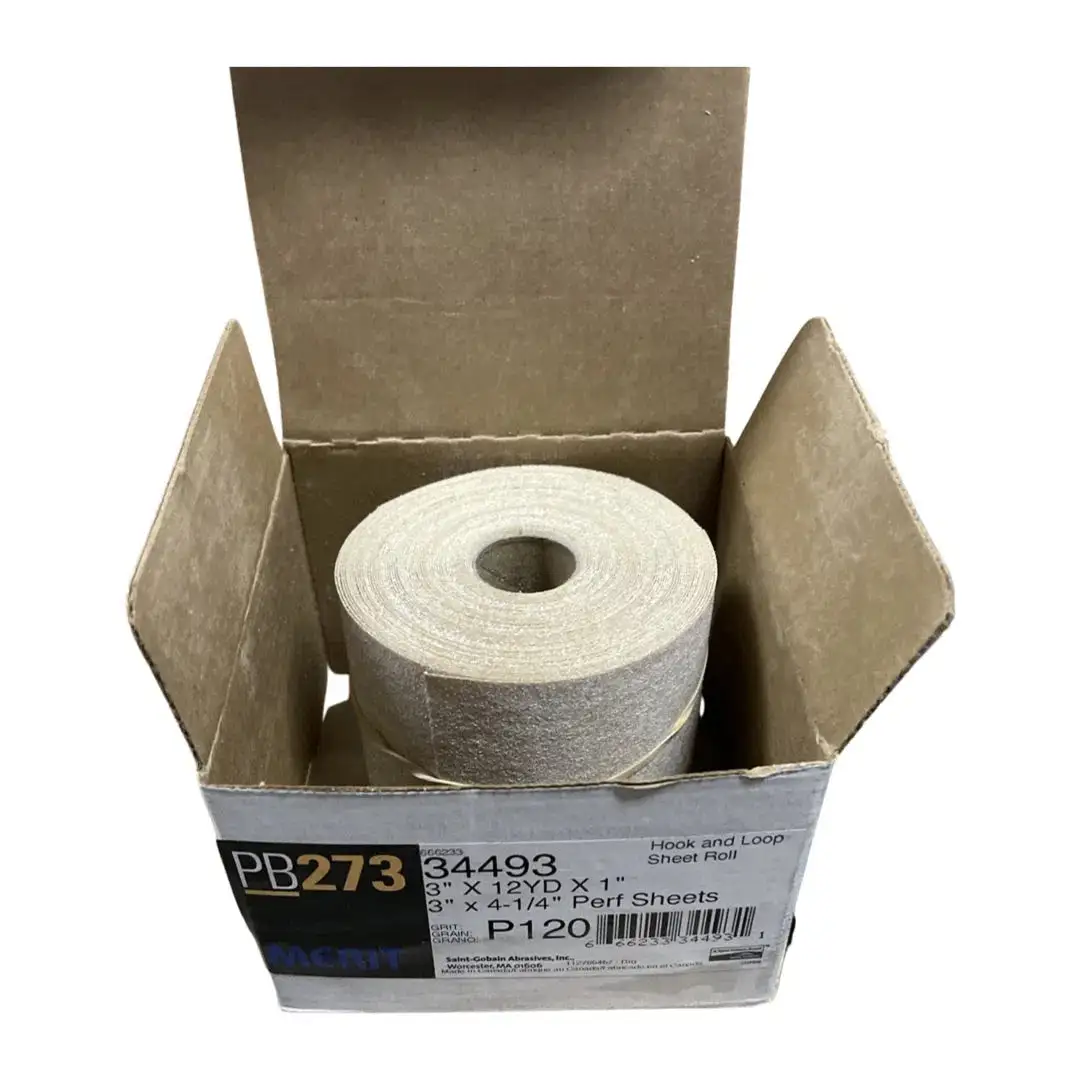 Merit PB273 3" x 12yd x 1" No Load Hook & Loop Rolls 4-1/4" Perf Sheets 120 Grit