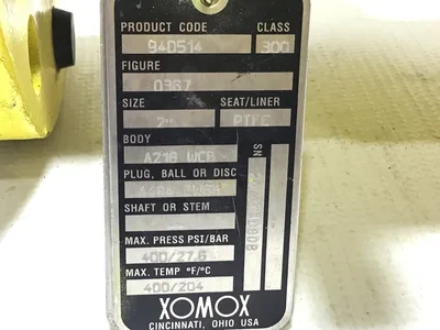Xomox Tufline 940514 Check Valve 2″ Class 300 Max Press PSI/Bar 400/27.6 Max Temp 400°F/204°C