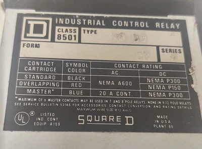 🔥Square D Class 8501 Control Relay, Form CM Series A