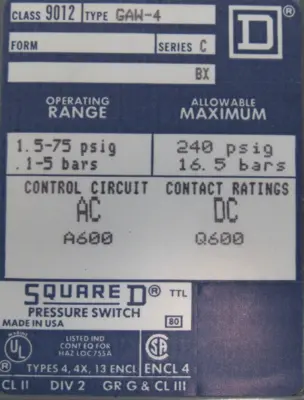 NEW SQUARE D 9012-GAW-4 PRESSURE SWITCH SER.C 9012GAW4