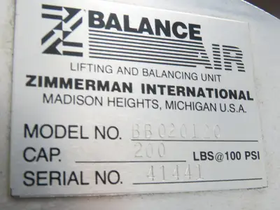 Ingersoll Zimmerman BB020120 Pneumatic Air Balancer 6' Travel 400Lb w/Load Block