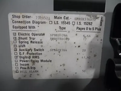 Westinghouse SPB65 Pow-R-Breaker 1600A Frame 1600A Trip Digitrip RMS 500 Used