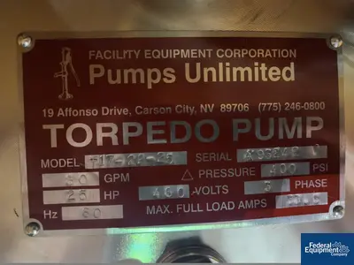 USED Pumps Unlimited 80 GPM Pumps Unlimited Torpedo Pump, Model T17-22-25, S/S
