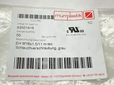 New | in-Stock Murrplastik Conduit Fitting Grey EH-M 16X1.5/11 LOT OF 45 Electrical Fittings Michigan US | Maverick Industrial Sales #1487692