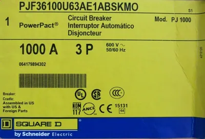 NEW SQUARE D PJF36100U63AE1ABSKMO POWERPACT PJ 1000 CIRCUIT BREAKER 1000A 3P
