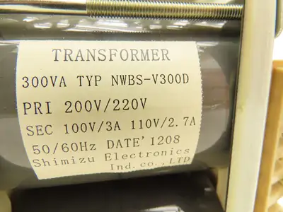 Shimizu NWBS-V300D Transformer 1Ph Primary 200-220V Secondary 100-110V 2.7A