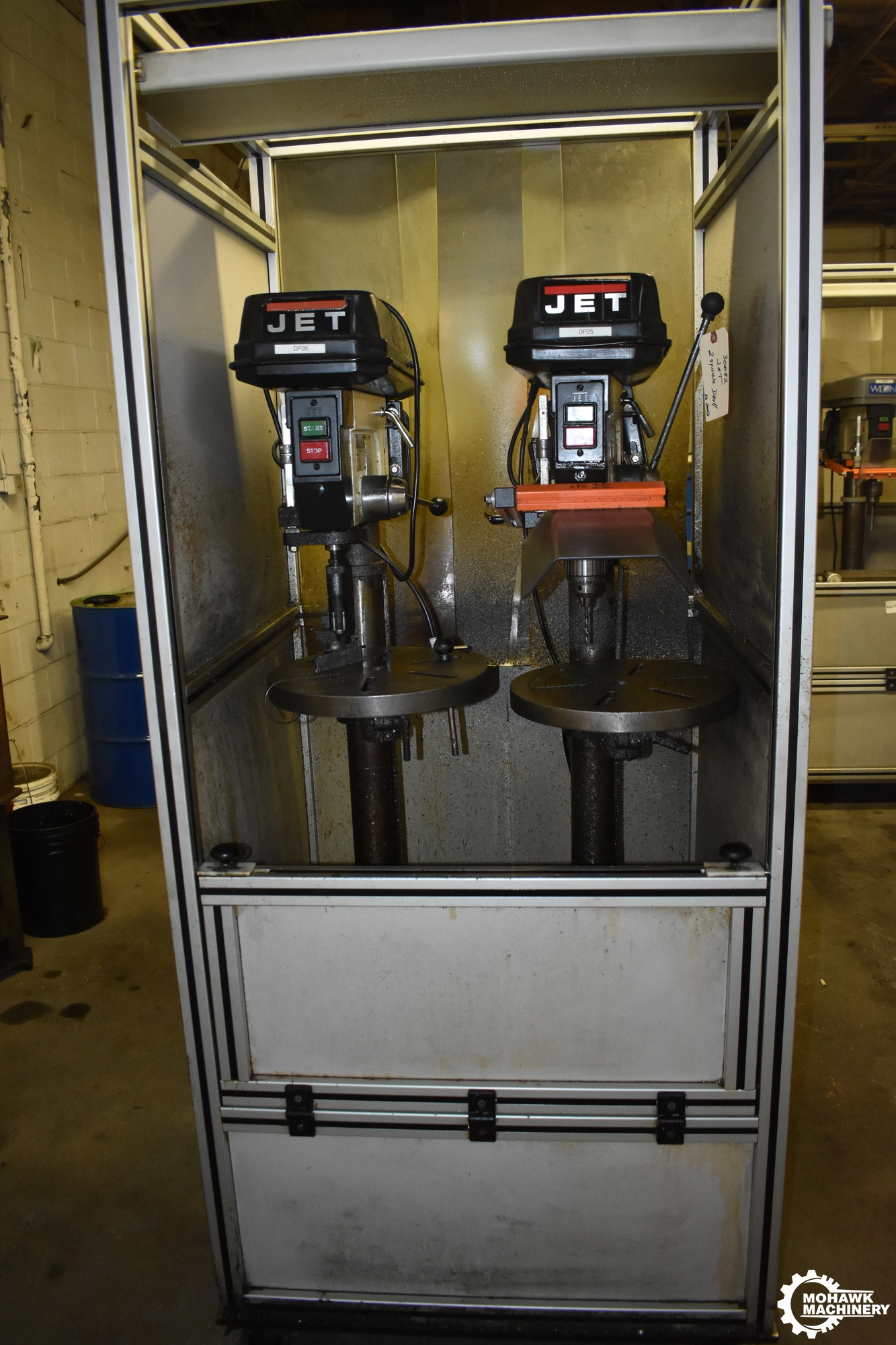 17" JET "JDP-17MF" PORTABLE FLOOR-TYPE TWO-SPINDLE DRILL PRESS w/MANUAL DOWN FEED & ENCLOSURE