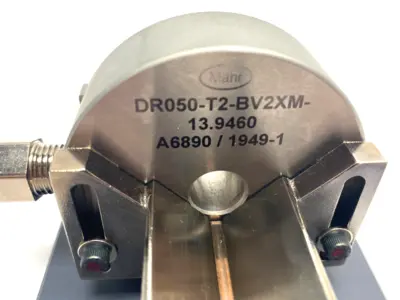 USED MAHR DIMENSIONAIR 2-JET AIR RING GAUGE W/ GUIDE CHUTES & BASE PLATE