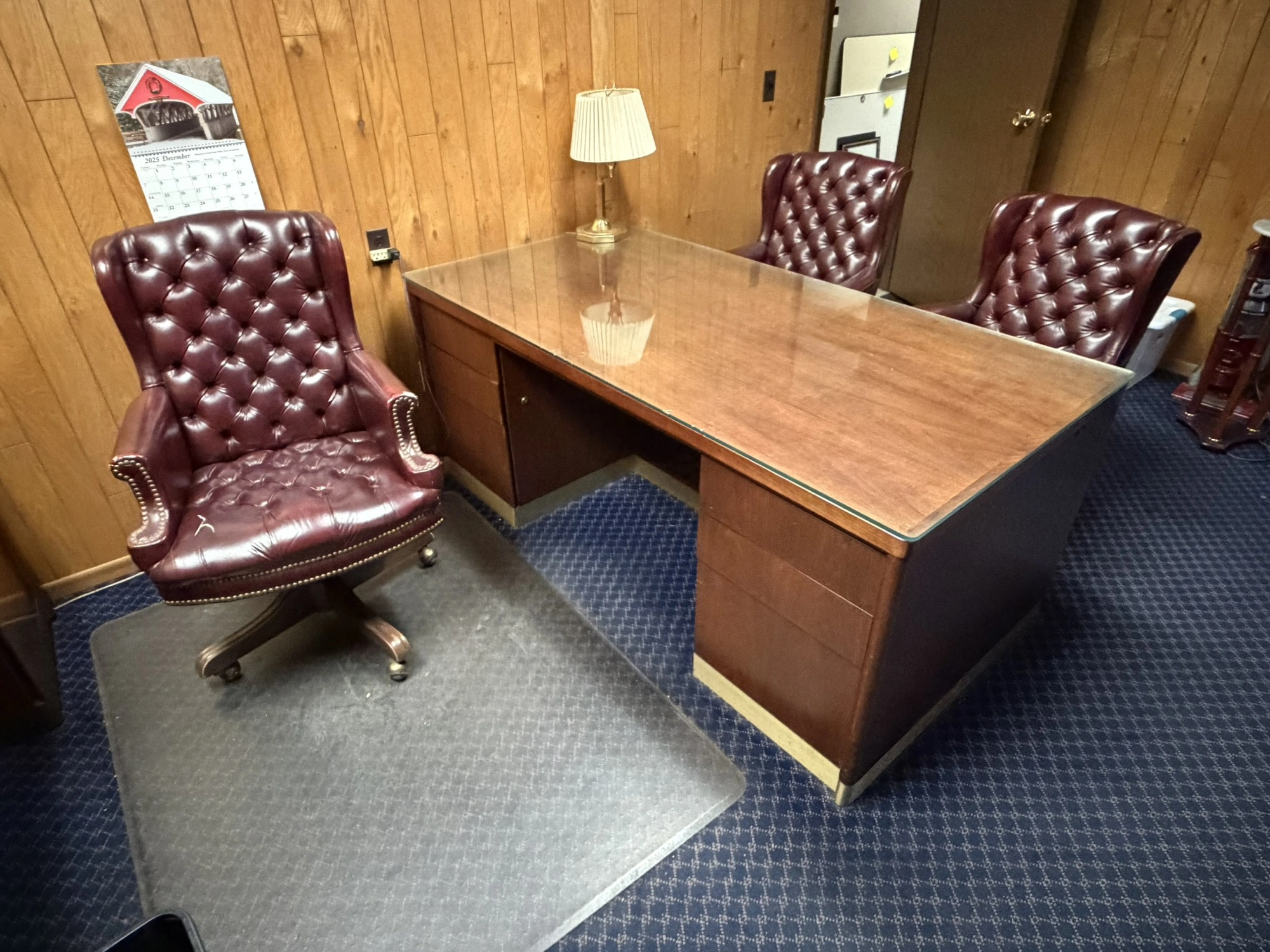 Lot of executive office furniture, includes (1) 72" desk, (1) 72" credenza, (1) rolling padded seat ...