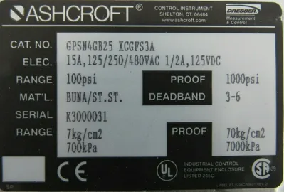 NEW ASHCROFT GPSN4GB25-XCGFS3A PRESSURE SWITCH 100PSI GPSN4GB25XCGFS3A