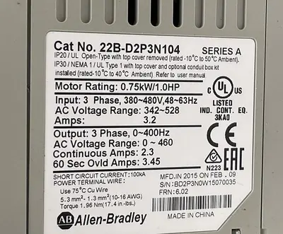 Used ALLEN-BRADLEY ALLEN BRADLEY 22B-D010N104 SER A Variable Speed Drives | ND Industrial Surplus #1214302