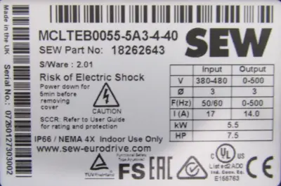 NEW SEW EURODRIVE 18262643 DRIVE 7.5HP MCLTEB0055-5A3-4-40