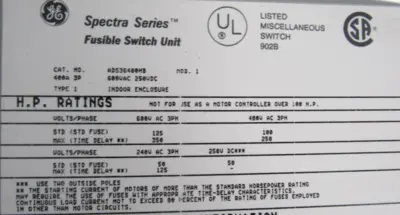 NEW GENERAL ELECTRIC ADS36400HB DISCONNECT SWITCH SPECTRA SERIES 400A 600V