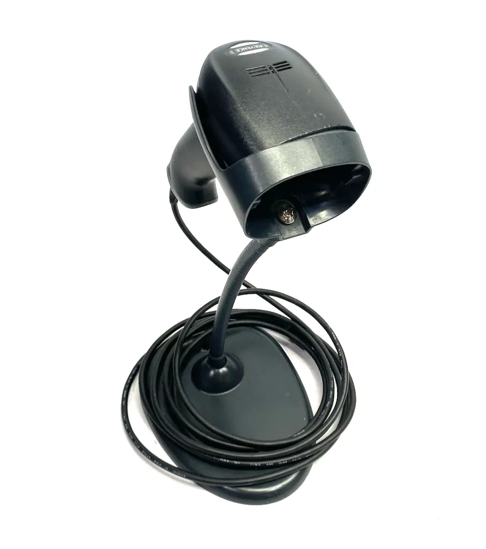 USED KEYENCE REV. H STANDARD CODE READER, WIRED, RED LED W/ COMM CABLE & STAND