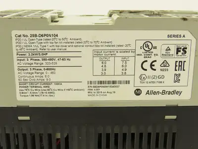 Allen Bradley 25B-D6P0N104 Powerflex 525 3Hp VFD AC Drive 480V 50/60Hz FRN 3.001