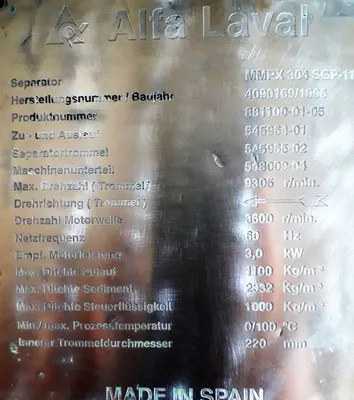 Alfa-Laval MMPX 304 SGP-11-60 oil purifier, 316SS.