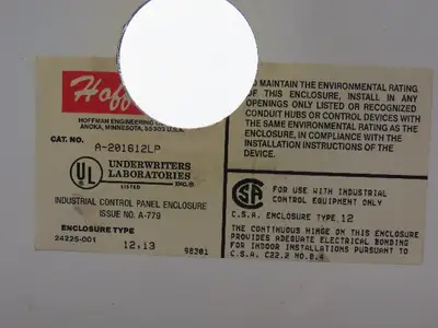 Hoffmann A-201612LP 20x16x12" Steel Electrical Enclosure Wall Mount W/Back Plate