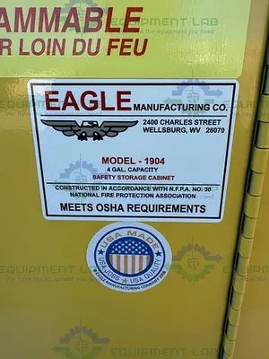USED EAGLE 1904 4 GALLON FLAMMABLE LIQUID STORAGE CABINET W/ SOFT CLOSE DOOR, KEY