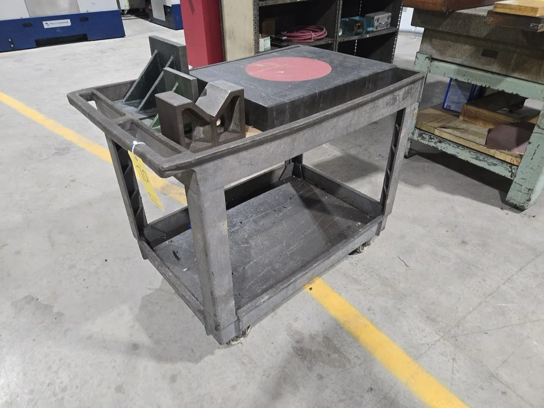 Cart and Contents; Angle Irons, V-Block, Granite Inspection Surface; 24"x18"x3"