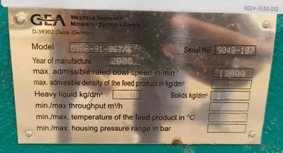 (3) Westfalia OSD 6-91-067/6 fuel oil purifiers, SS.