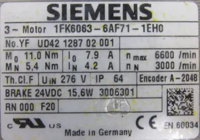 NEW SIEMENS 1FK6063-6AF71-1EH0 SERVO MOTOR 1FK60636AF711EH0
