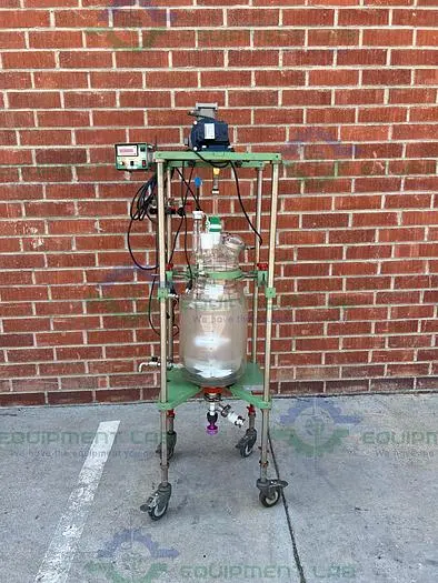 USED CHEMGLASS 20 LITER JACKETED GLASS REACTOR W/ CHEMGLASS OVERHEAD STIRRER