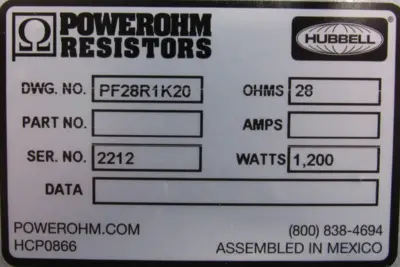 NEW HUBBELL PF28R1K20 BRAKING RESISTOR 28 OHMS 1200W
