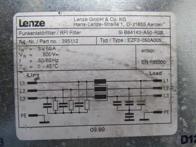 Lenze EZF3-050A005 RFI Line Filter 500V 3x50A 50/60Hz