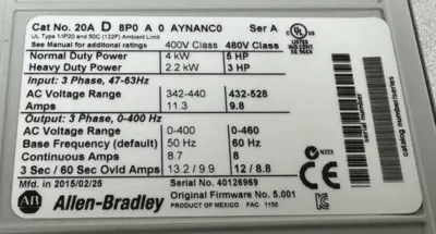 USED ALLEN BRADLEY 20AD8P0A0AYNANC0 POWERFLEX 70 SER. A 5HP