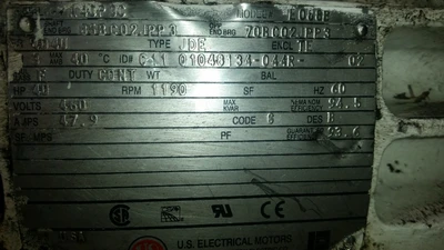 US Motors 40HP; 1190RPM; 460V; Frame: 404U C11 01048134-044R