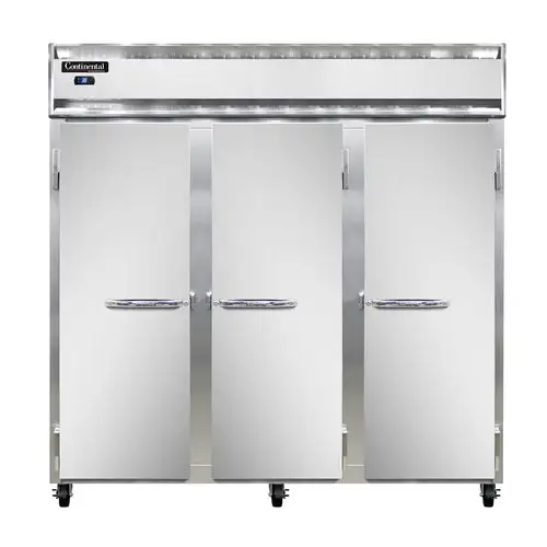 Continental 3RSN 78" Three Section Reach In Refrigerator, (3) Left/right Hinge Solid Doors, Top Compressor, 115v