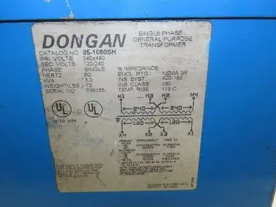 Dongan 85-1050SH Transformer 3KVA 1PH 240v/480v Pri 120v/240v Sec Wall Mount 3R
