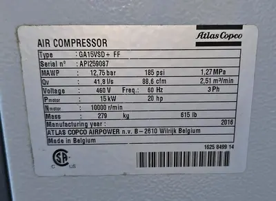 USED 2016 ATLAS COPCO GA15VSD+FF