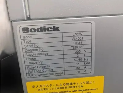 2019 SODICK VL 400Q WIRE TYPE ELECTRICAL DISCHARGE with WS4 High Precision 4th Axis Rotary EXCELLENT CONDITION!
