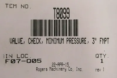 NEW ROGERS MACHINERY T8099 CHECK VALVE 3" C80214/1