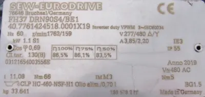 NEW SEW EURODRIVE FH37 DRN90S4/BE1 GEARMOTOR 11.08 277/480V FH37DRN90S4BE1