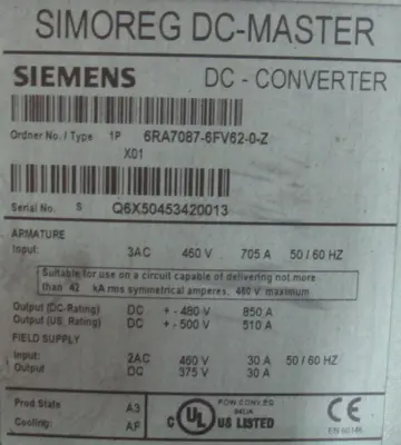 NEW SIEMENS 6RA7083-2FV62-0 DRIVE 850A 480V 6RA7087-6FV62-0-Z 6RA70832FV620