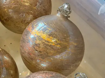 Lot of (11) 6" Mercury Glass Colored Filigree Leaf Ball Ornaments (gold/bronze)