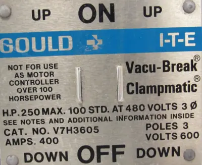 USED SIEMENS V7H3605 DISCONNECT SWITCH 400A 600V 3P